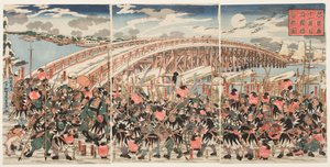 Elfter Akt des "Chushingura": Die loyalen Gefolgsleute versammeln sich an der Ryogoku-Brücke von Utagawa Kuniyoshi