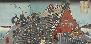 Hakkenden no uchi: Hôryû-kaku; Auf dem Dach bei Hôryû-kaku, 1836-1837 von Utagawa Kuniyoshi