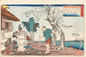 Kakkyo und seine Frau entdecken einen Topf Gold in dem Loch, das sie gruben, um ihren Säuglingssohn zu begraben, signiert Ichiyusai Kuniyoshi ga, ca. 1843