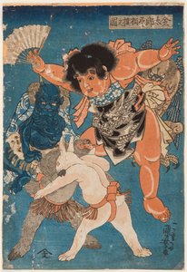 Kintaro schiedsrichtet einen Kampf zwischen einem Affen und einem Hasen von Utagawa Kuniyoshi