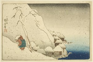 Nichiren im Schnee bei Tsukahara auf der Insel Sado (Farbholzschnitt) von Utagawa Kuniyoshi