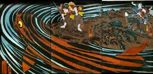 Oniwaka-maru kurz vor dem Angriff auf den monströsen Karpfen von Utagawa Kuniyoshi