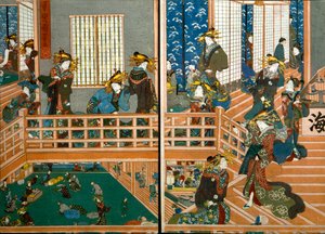 Draufsicht auf das Obergeschoss von Kado-Ebiya von Utagawa Kuniyoshi