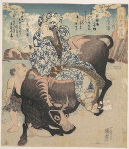 Roshungi (Chinesisch, Lu Zhunyi) als Frau mit Pfeife auf einem Büffel reitend von Utagawa Kuniyoshi