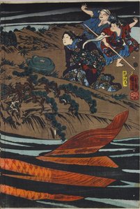 Blatt aus einem Farbholzschnitt-Triptychon, das Oniwaka-maru (den zukünftigen Musashibo Benkei) zeigt, wie er sich darauf vorbereitet, den riesigen Karpfen anzugreifen, der seine Mutter verschlungen hat: Japan, Edo, von Utagawa Kuniyoshi, ca. 1845 von Utagawa Kuniyoshi
