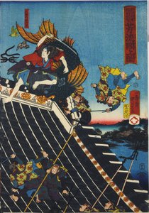 Blatt aus einem Farbholzschnitt-Triptychon, betitelt Hōryūkaku shō no zu, das eine Szene aus dem Hakkenden von Takiwzawa Bakin zeigt, die einen Kampf auf dem Tempeldach zwischen Inuzuka Shino darstellt von Utagawa Kuniyoshi