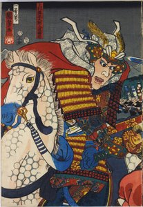 Blatt aus einem Farbholzschnitt-Triptychon, betitelt Kawanakajima kassen (Die Schlacht von Kawanakajima), Darstellung einer Nahaufnahme der persönlichen Begegnung der beiden Anführer, Uesugi Kenshin (links) und Takeda Shingen: Japan, Edo, von Utagawa Kuniy