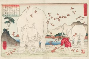 Taishun pflügt ein Feld mit Hilfe von Elefanten und einem Spatzenschwarm, signiert Ichiyusai Kuniyoshi ga, ca. 1843 von Utagawa Kuniyoshi