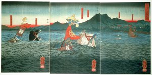 Die rivalisierenden Generäle durchqueren den Ujigawa, 1849 von Utagawa Kuniyoshi
