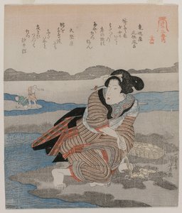 Frau, die Muscheln gräbt, aus der Serie Fünf Bilder bei Ebbe, späte 1820er von Utagawa Kuniyoshi