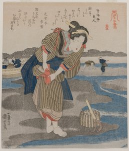 Frau befestigt ihre Röcke, aus der Serie Fünf Bilder bei Ebbe, späte 1820er Jahre von Utagawa Kuniyoshi
