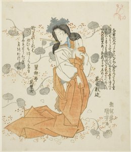 Frau hält Fächer im Mund von Utagawa Kuniyoshi