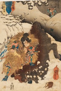 Holzschnitt - Chinzei Hachiro Tametomo, der ein Wildschwein in den verschneiten Bergen von Mashik besiegt von Utagawa Kuniyoshi