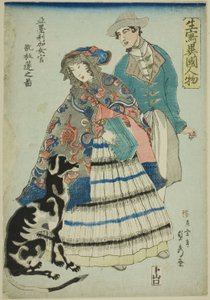 Amerikanische Frau spielt ein Akkordeon, aus der Serie "Aus dem Leben gezeichnete Ausländer" von Utagawa Sadahide