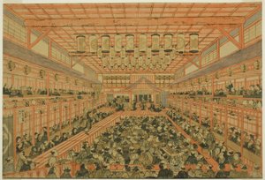 Perspektivbild eines Kabuki-Theaters (Uki-e Kabuki shibai no zu) von Utagawa Toyoharu
