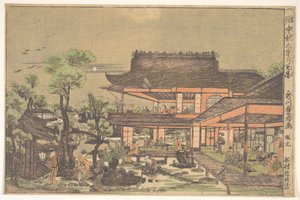 Teehaus; Szene mit dem Titel: "Den Mond im Herbst betrachten" von Utagawa Toyoharu