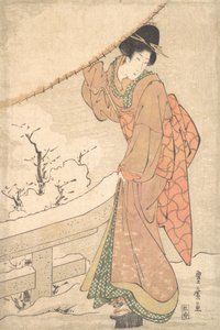 Eine junge Frau in einem Schneesturm mit einem stark beschneiten Regenschirm von Utagawa Toyohiro