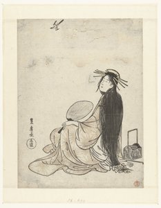 Kurtisane mit Fächer und Rauchutensilien, aufblickend zum Kuckuck von Utagawa Toyohiro