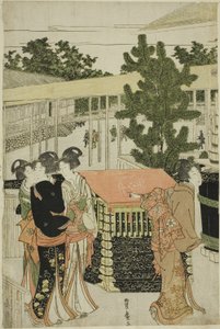 Neujahrspilgerfahrt zum Myohoji-Tempel in Horinouchi (Horinouchi Myohoji eho mairi no zu) von Utagawa Toyohiro