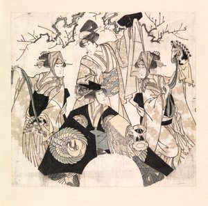 Schauspieler, die den Bühnentanz der vier Onnagatas aufführen, ca. 1800-05 (Farbholzschnitt)