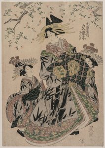 Die Kurtisane Katakoshigi (?) von Maruebiya mit ihren Kamuro Ageha und Midori