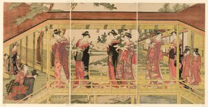 Eine Prozession von Frauen mit Shimadai-Dekorationen von Utagawa Toyokuni I
