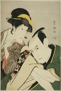Ichikawa Yaozo III in der Rolle von Takebe Genzo und Iwai Kiyotaro in der Rolle von Tonami von Utagawa Toyokuni I