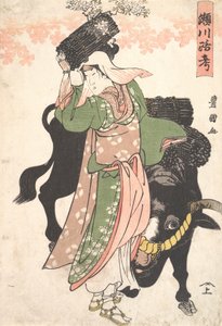 Der Schauspieler Segawa Roko als Holzverkäufer Ohara, der einen Ochsen führt, ca. 1810