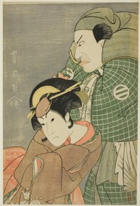 Die Schauspieler Kataoka Nizaemon VII als Iyo no Taro und Iwai Hanshiro IV als Kojoro-gitsune von Okazaki im Stück "Seiwa Nidai Oyose Genji," aufgeführt im Miyako Theater im elften Monat, 1796 von Utagawa Toyokuni I