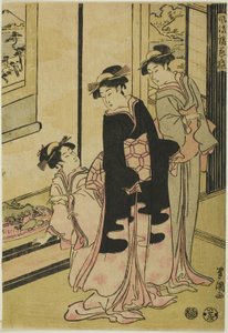 Frauen betrachten Miniaturlandschaft, aus der Serie "Furyu moro hanami uwari"