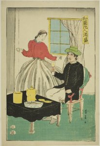 Niederländisches Paar trinkt Wein (Orandajin sakamori) von Utagawa Yoshikazu