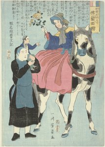 Französische Frau zu Pferd mit chinesischem Diener und Kind von Utagawa Yoshikazu