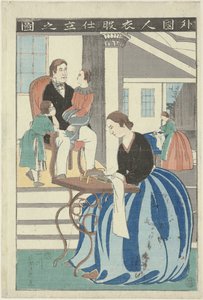 Westliche Frau an einer Nähmaschine von Utagawa Yoshikazu