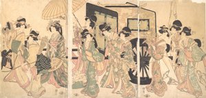 Damen umgeben einen Wagen von Utamaro II