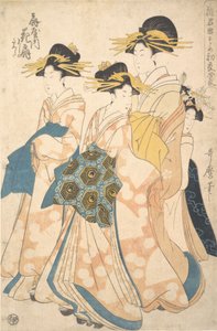 Die Oiran Hanaogi von Ogiya, begleitet von zwei Shinzo und ihrer Kamuro Yoshino, ca. 1806