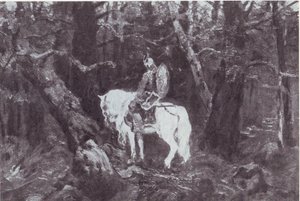 Im Nachdenken (Ritter auf einem Pferd reitet in einen dichten Wald)