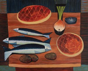 Stillleben mit Brot und Fisch