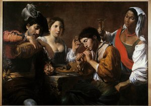 Treffen in einem Kabarett Gemälde von Valentin de Boulogne (1591-1632) 17. Jahrhundert
