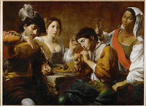 Reunion dans un cabaret - Gesellschaft in einer Taverne von Valentin de Boulogne