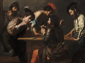 Soldaten spielen Karten und Würfel Die Betrüger, ca. 1618-1620 von Valentin de Boulogne