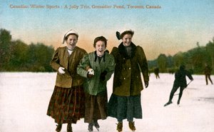 Kanadische Wintersportarten: Ein fröhliches Trio, Grenadier Pond, Toronto, Kanada, 20. Jahrhundert