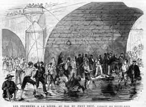 Der Fischer hat die Leine am Boden der Brücke Neuf in Paris im Jahr 1868 während des Niedrigwassers. Zeichnung von Desroches - Valnay. von Valnay Pere et fils