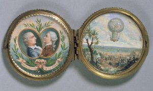Porträtminiatur von J.F. Pilatre und Pierre Romain mit einer Szene ihres Ballonaufstiegs, 1784