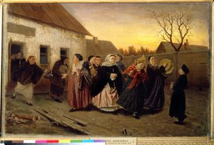 Russischer Brauch: Prozession von Frauen, die am Vorabend einer Hochzeit aus einem Haus tanzen und singen