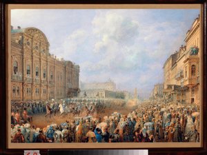 Parade auf der Newa-Allee (Nevski-Prospekt) am Belosselski-Belozerski-Palast