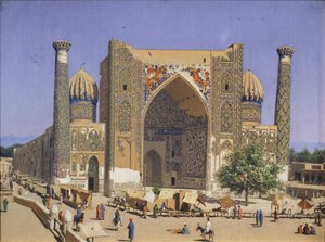 Die Sherdar-Madrasa am Registan-Platz in Samarkand, 1869-1870