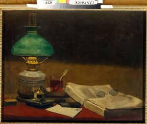 Stillleben mit Buch, Schreibtischlampe, Brille und Teetasse von Vasilij Dmitrievich Polenov