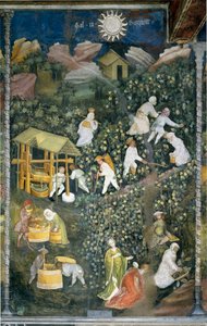 Oktober: Ernteszene, Traubenlese und Vorbereitung des Mosts (Weinpressen). von Venceslao Maestro
