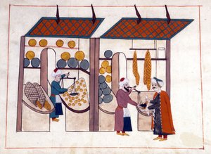 Ein Obst- und Gemüsehändler (vier Jahreszeiten) in Konstantinopel, Türkei unter dem Osmanischen Reich. Miniatur aus „Türkische Denkmäler“ (Codex Cicogna 1971 „Memorie Turchesche“) Aquarell aus der venezianischen Schule des 17. Jahrhunderts