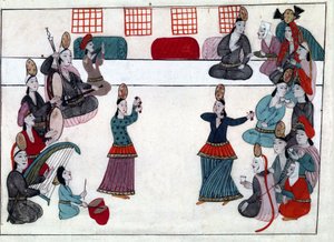 Musiker und Tänzer im Osmanischen Reich. Miniatur aus „Türkische Denkmäler“ (Codex Cicogna 1971 „Memorie Turchesche“) Aquarell der venezianischen Schule des 17. Jahrhunderts